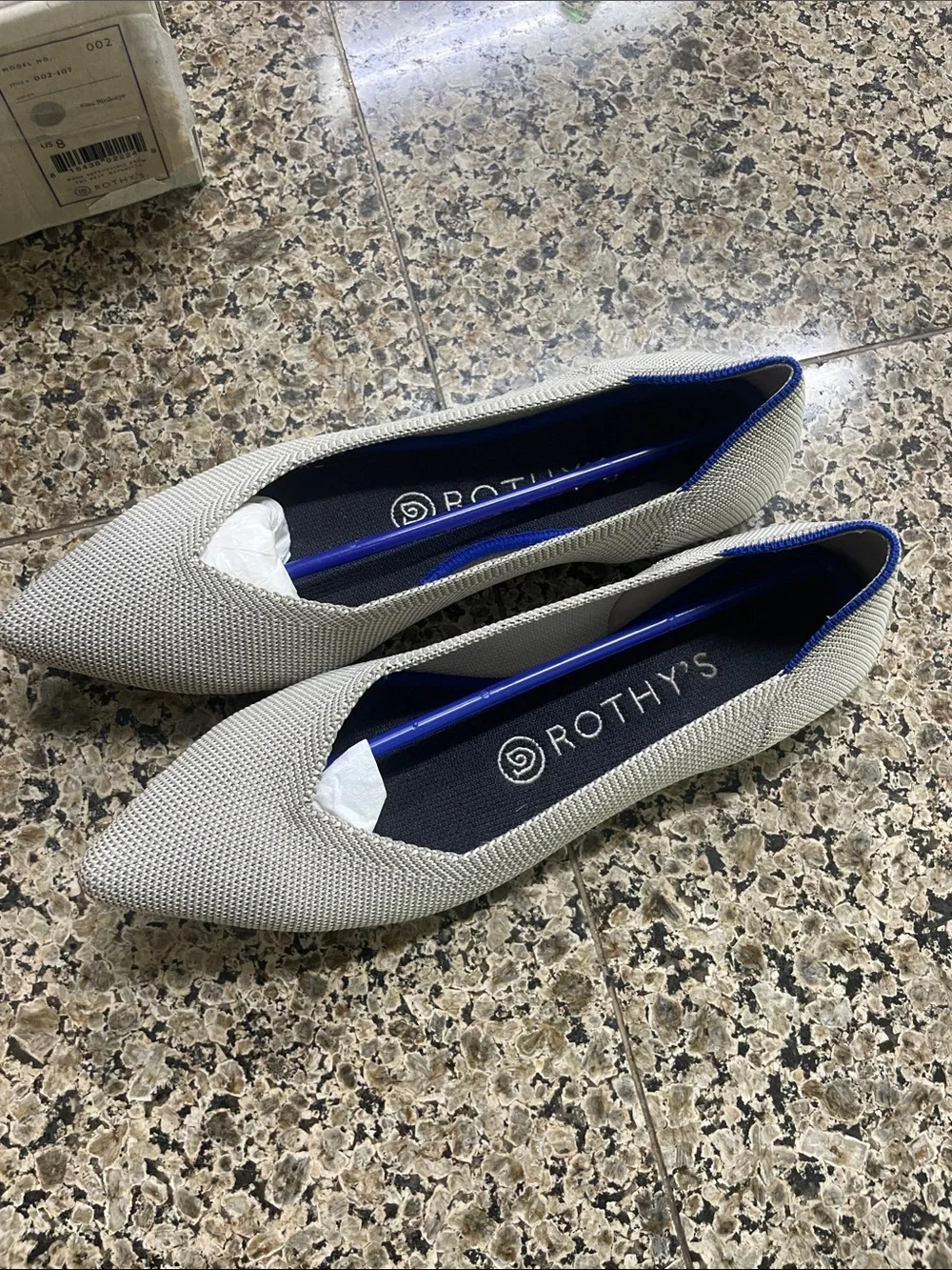 Rothy's Pointed Knit Flats in Light Gray with Blue Trim